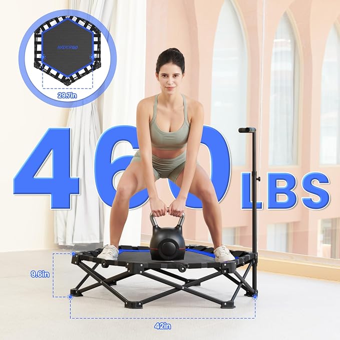 Foldable Mini Trampoline, Rebounder Trampoline with Adjustable Foam Handle, Fitness Trampoline for Indoor, Outdoor, Home Gym, Max Load 460 lbs