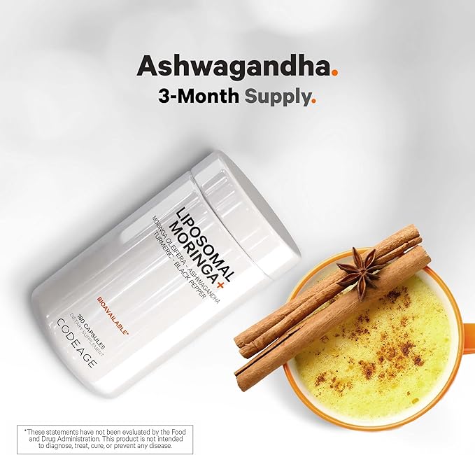 Codeage Liposomal Moringa+ Supplement, 400mg Moringa 50:1 Extract - 20,000mg Moringa Oleifera Leaf Equivalent - Turmeric, Ashwagandha, Black Pepper, 3-Month Supply, Vegan Moringa Powder - 180 Capsules
