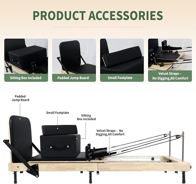 Foldable Pilates Reformer with Sitting Box, Double Jump Boards – Wooden Pilates Reformer Machine with Velvet Straps, German Springs, Smooth Aluminum Rails, Pilates Machine for Home