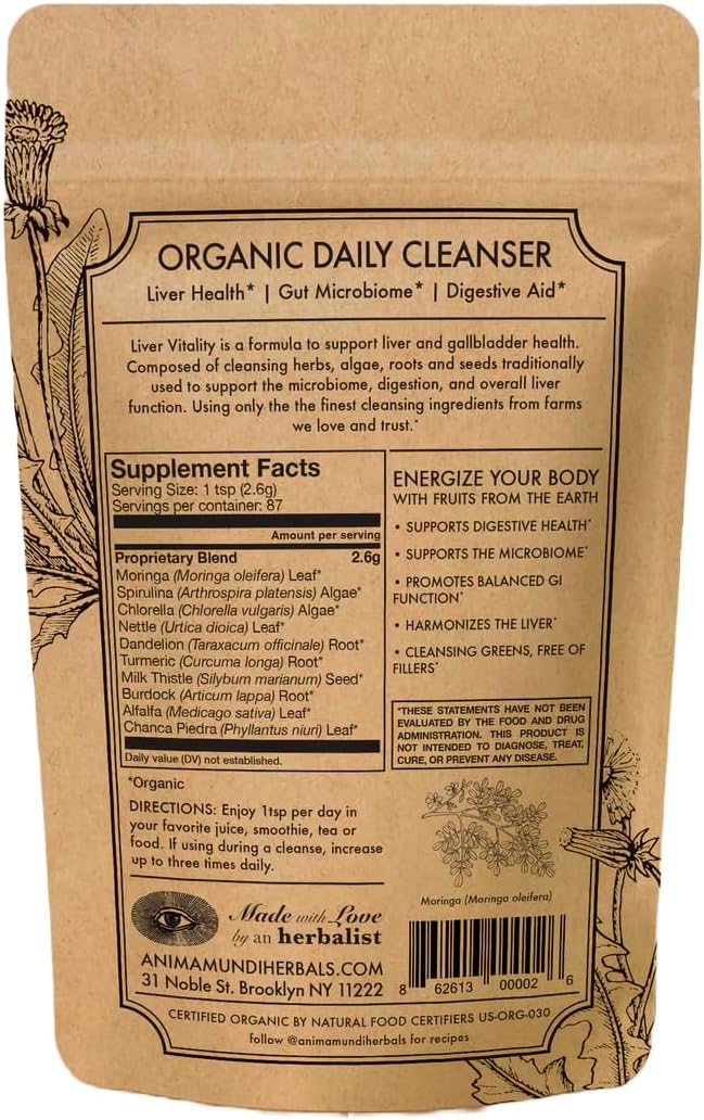 Anima Mundi Apothecary Super Greens Powder - Liver Vitality - Organic Superfood Greens & Herbal Prebiotics for Liver Detox, Cleanse & Support - with Fair Trade Dandelion, Milk Thistle & More (8oz)