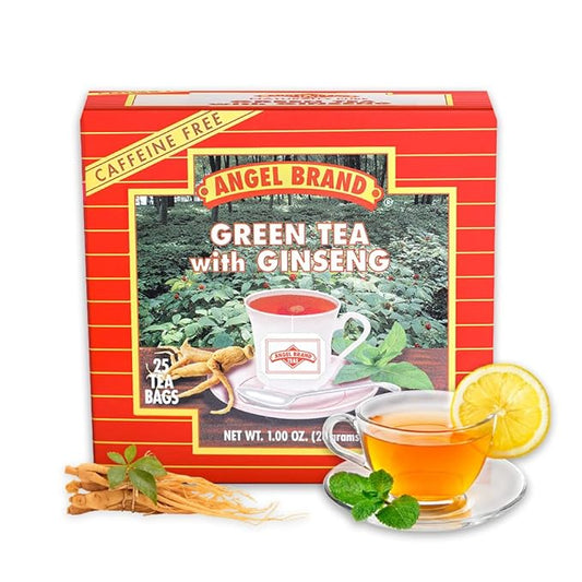 Angel Brand Green Tea with Ginseng Tea Bags 25 – Energizing & Rich Herbal Blend Created From Camellia Sinensis Plant Leaves & Ginseng Root - Enjoy Balanced Flavor & Rich Nutrients With Health Benefits