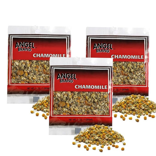 Angel Brand Dried Chamomile Flowers – 0.25 oz Pouch Pack of 3 – Premium Chamomile Flowers for Tea and Herbal Infusions.