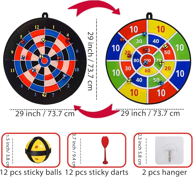 Dart Board Games for Kids Ages 3-12, Sticky Dart Board with 12 Balls & 12 Darts, Indoor Outdoor Toys for Boys, Party Birthday Gifts