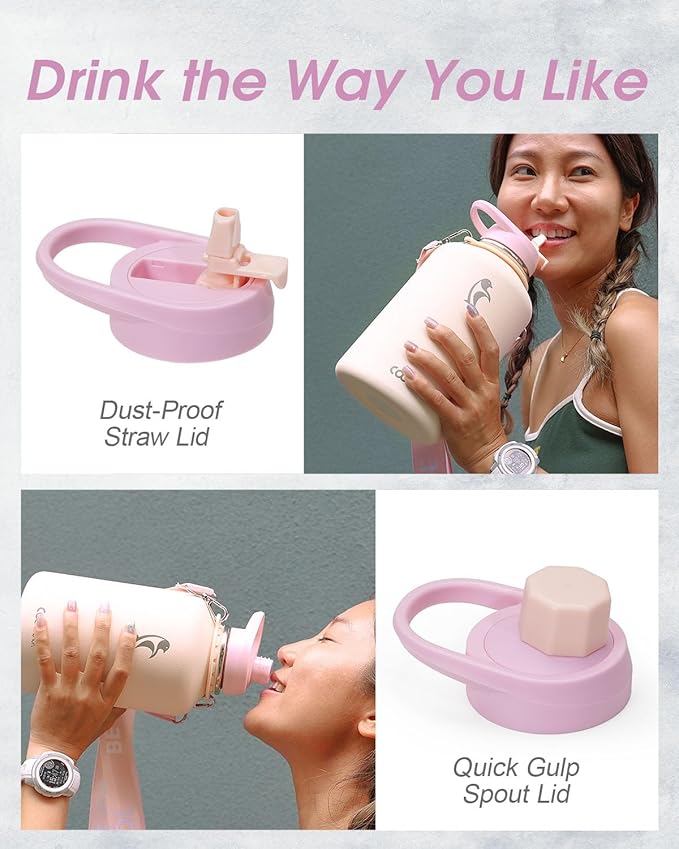 Coolflask Half Gallon Water Bottle Insulated with Straw, 64 oz Large Water Jug with Straw & Spout Lids, Double Wall Stainless Steel Metal Flask, Keep Cold 48h Hot 24h, Apricot Pink