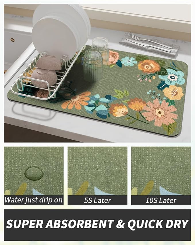 AMOAMI Coffee Mat Hide Stain Rubber Backed Absorbent Dish Drying Mat for Kitchen Counter - Fits Under Coffee Maker - Floral GREEN 12X19