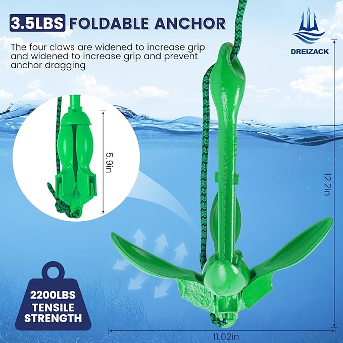 Dreizack Kayak Anchor Kit, 3.5 lb Folding Grapnel Boat Anchor Trolley Accessories with 40ft Rope and PVC Buoy for Fishing Kayaks SUP Paddle Boards Canoes Jet Ski PWC Inflatable Small Boats