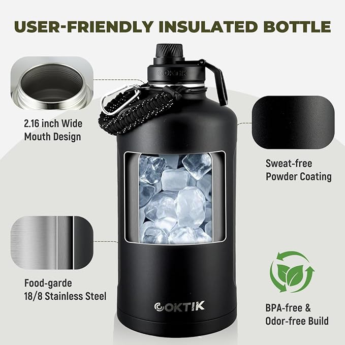 COKTIK 128oz Gallon Water Bottle - Triple Insulated Stainless Steel Flask, 48hr Cold Retention, Leakproof & BPA-Free, Large Water Jug for Gym, Hiking, Camping, Outdoor Sports(Midnight)