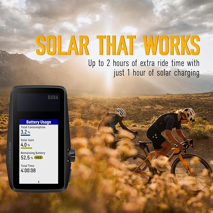 COROS DURA Solar GPS Bike Computer, 120-Hour GPS Battery Life, Solar Charging, 2.7" MIP Color Touchscreen, Fast Data Sync, Turn-by-Turn Navigation, Dual-Freq GPS, Strava, Ride with GPS, Komoot Routes