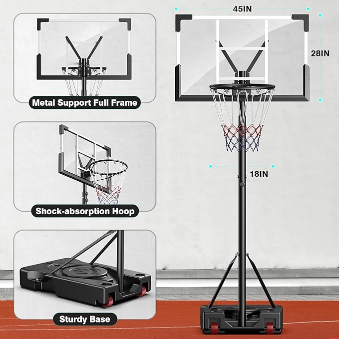 Basketball Hoop Outdoor, 10FT Adjustable Height, Portable Basketball Hoops Goal Court System w/ 45in Shatterproof Backboard for Kids Youth Adults