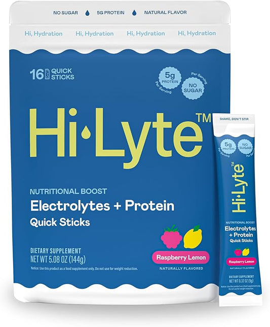 Hi-Lyte Nutritional Boost - Electrolytes + Protein Quick Sticks - Raspberry Lemon - Hydration + Whey Protein Powder Packets - 5g Protein, Electrolytes, No Sugar, Keto Friendly