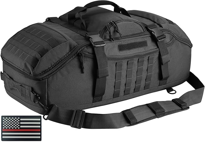 65L Large Duffle Bag, 3-in-1 Tactical Backpack MOLLE Pack for Workout, Sports, Gym, Outdoor, Black Red Patch