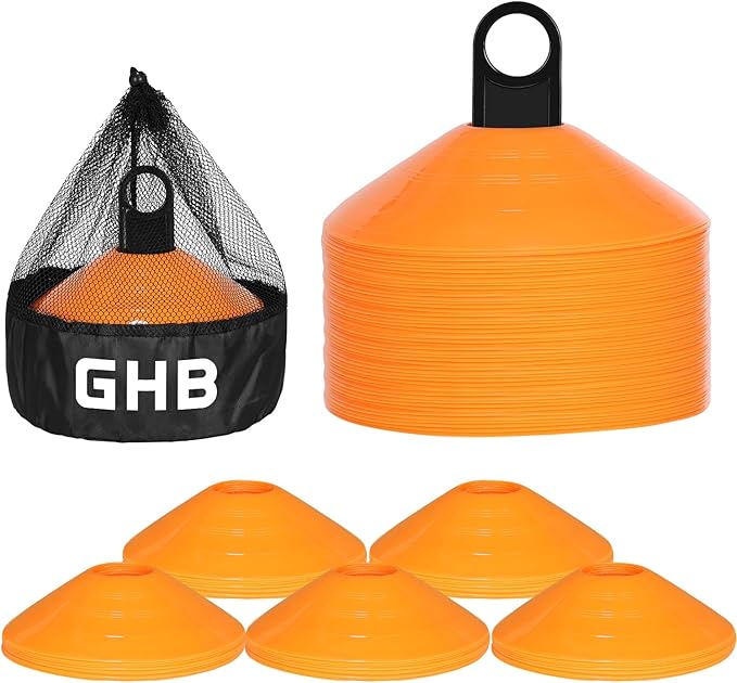 GHB Soccer Cones 25/50/100 Pack Disc Soccer Sport Cones Training Field Marker Agility Cones for Traffic, Basketball, Coaching, Practice Equipment Includes Cone Drills Guide