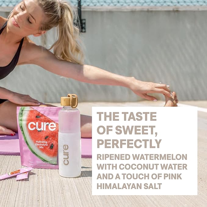 Cure Hydration | Plant-Based Electrolyte Drink Mix | No Added Sugar | FSA-HSA | Dehydration Relief Powder Made with Coconut Water | Non-GMO | Vegan | 28 Servings Jar - Watermelon