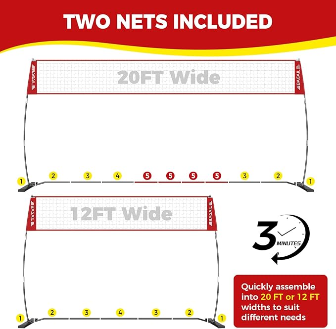 BAGAIL Volleyball Net, 12ft/20ft Portable Volleyball Net for Backyard - Adjustable Height, Heavy-Duty Frame, Freestanding Design - Portable Outdoor/Indoor Volleyball Set with Carry Bag