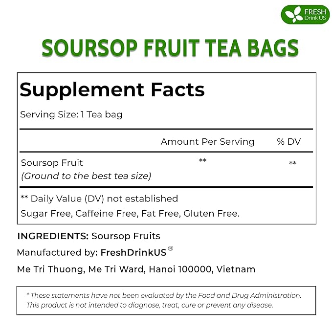 FreshDrinkUS, 60 Premium Soursop Graviola Fruit Tea Bags, 100% Natural and Pure from Soursop Fruits, Made With Natural Materials-Corn Fiber Tea Bag, Sugar/Caffeine/Gluten Free, Hoja Guanabana Tea
