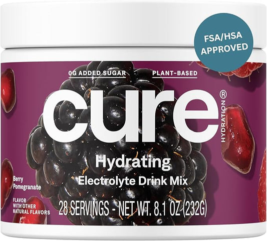 Cure Hydration | Plant-Based Electrolyte Drink Mix | No Added Sugar | FSA-HSA | Dehydration Relief Powder Made with Coconut Water | Non-GMO | Vegan | 28 Servings Jar - Berry Pomegranate