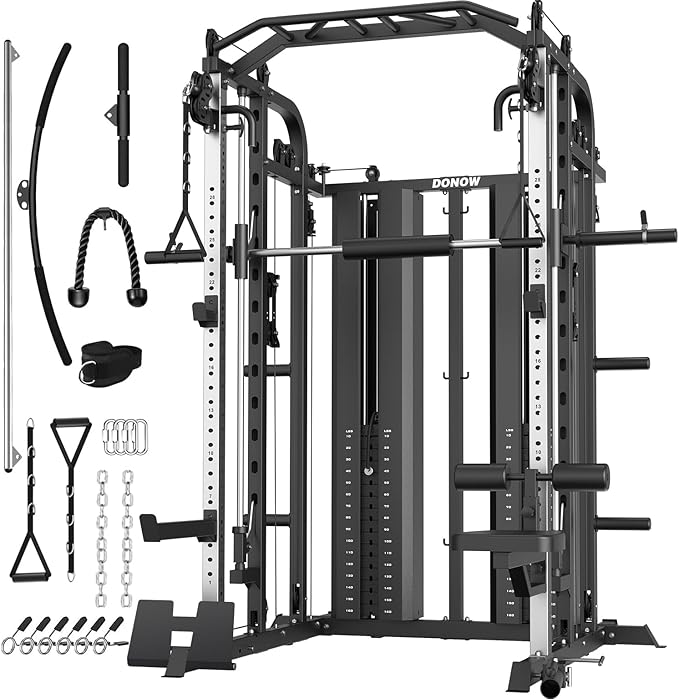 DONOW Smith Machine with Weight Stacks Power Cage Squat Rack Dual Cable Crossover Machine Home Gym Systems Station LAT Pull Down