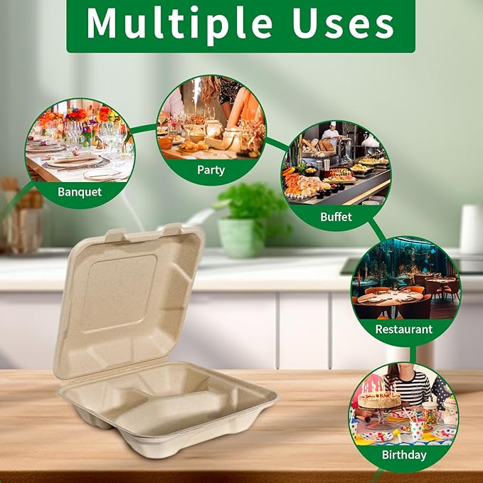 Aricsen Compostable 50 Pack 8x8 Inch 3 Compartment Takeout Lunch Box Containers with Lid, To Go Take Out Clamshell for Food, Disposable Eco-Friendly Biodegradable Bagasse, PFAS-Free, Unbleached Brown