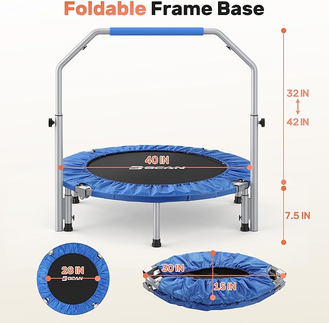BCAN 40/48" Foldable Mini Trampoline Max Load 330lbs/440lbs, Fitness Rebounder with Adjustable Foam Handle, Exercise Trampoline for Adults Indoor/Garden Workout