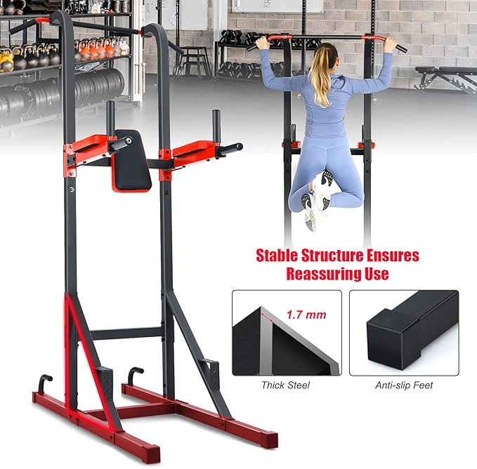 GYMAX Multi-function Power Tower, Heavy-duty Pull Up Bar Stand for Pull-ups, Push-ups, Vertical Knee, Leg Raises, Dip Stand, Strength Training, Workout Dip Station for Home, Gym, Fitness Equipment