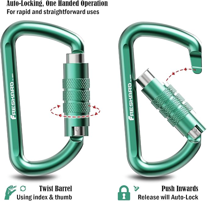 FresKaro 3inch 12kN-2698lbs Auto Locking Carabiner Clips, Solid D Shape, Heavy Duty 7075 Aluminum, Lightweight 1.09oz, Rust Proof, for Hammock, Hiking, Dog Leash, Keychain etc., Multi-Colors