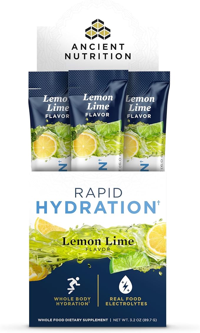 Ancient Nutrition Rapid Hydration Powder, Lemon Lime, Electrolytes from Natural Sea Salts and Red Marine Algae, Supports Rapid Body Hydration and Cellular Health, 15 Servings