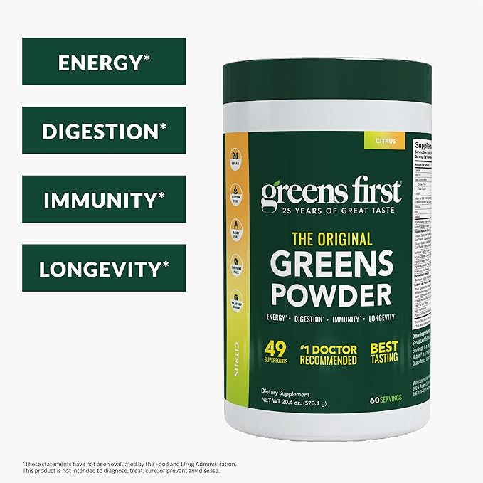 Greens First Original Greens Powder - 49 Superfoods - Organic Fruits & Veggies - Prebiotics, Probiotics & Digestive Enzymes - Antioxidant Smoothie - Dairy Free/Vegan/Non-GMO (Citrus, 60 Servings)