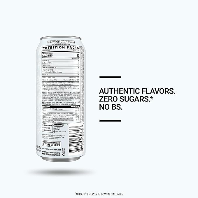 GHOST Energy Drink - 12-Pack, Original, 16oz - Energy & Focus & No Artificial Colors - 200mg of Natural Caffeine, L-Carnitine & Taurine - Gluten-Free & Vegan