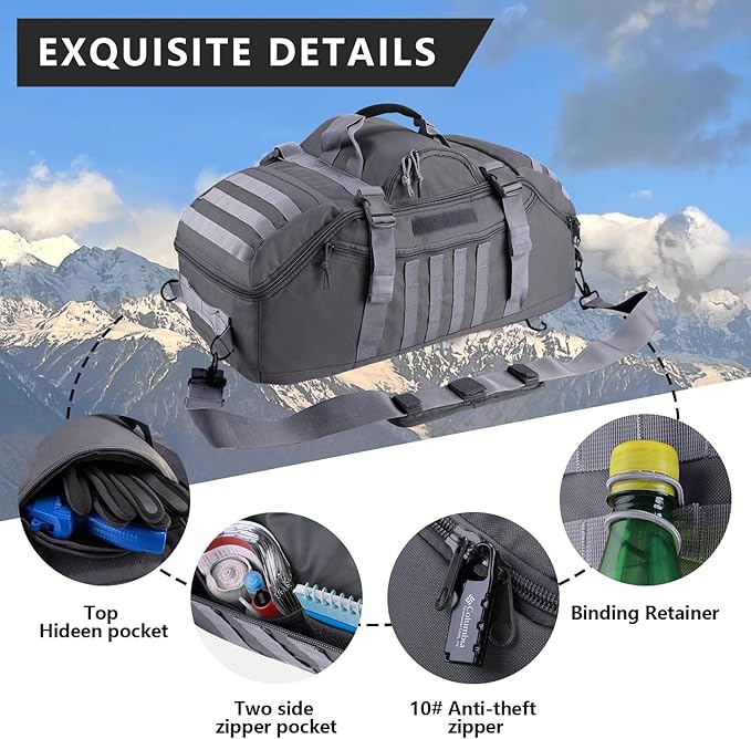 65L Large Duffle Bag, 3-in-1 Tactical Backpack MOLLE Pack for Sports, Gym, Outdoor, Grey