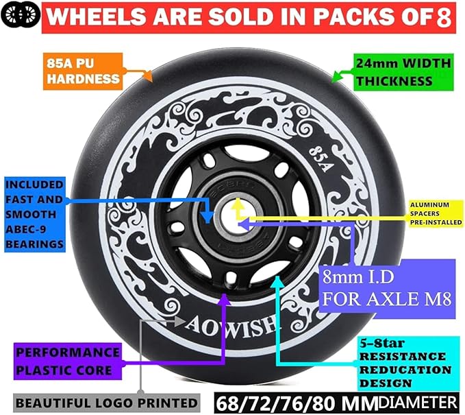 8-Pack Inline Skate Replacement Wheels 85A Outdoor Asphalt Formula Roller Blades Wheels Indoor Roller Blades Wheels with Bearings ABEC-9 & Floating Spacers