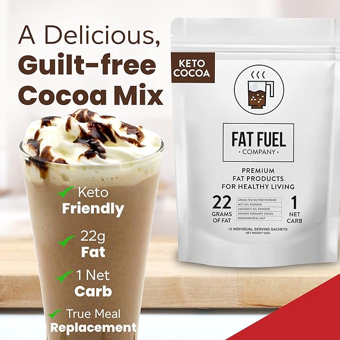 Fat Fuel Keto Cocoa 22g Premium Fats - with Grass Fed Butter, MCT Oil, Coconut & Redmond Real Salt - Instant Organic Cocoa, One Net Carb, A True Meal Replacement - 15 Servings
