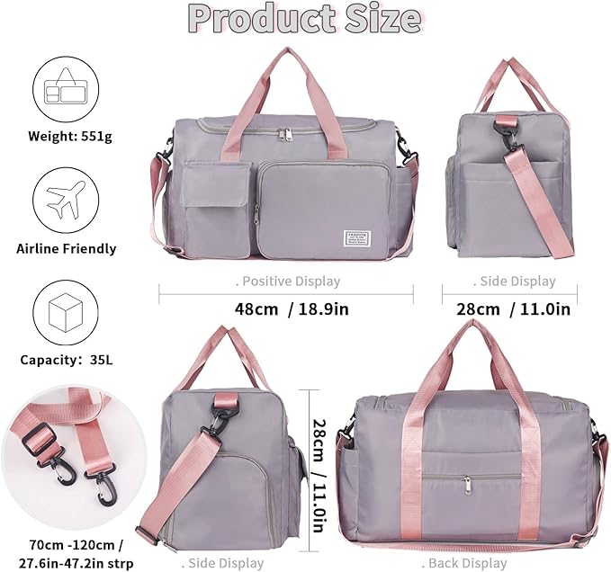 FIORETTO Women's Gym Duffle Bag with Shoes Compartment, 37L Capacity, Ideal for Travel, Gym, Sports, Duffel, Weekender