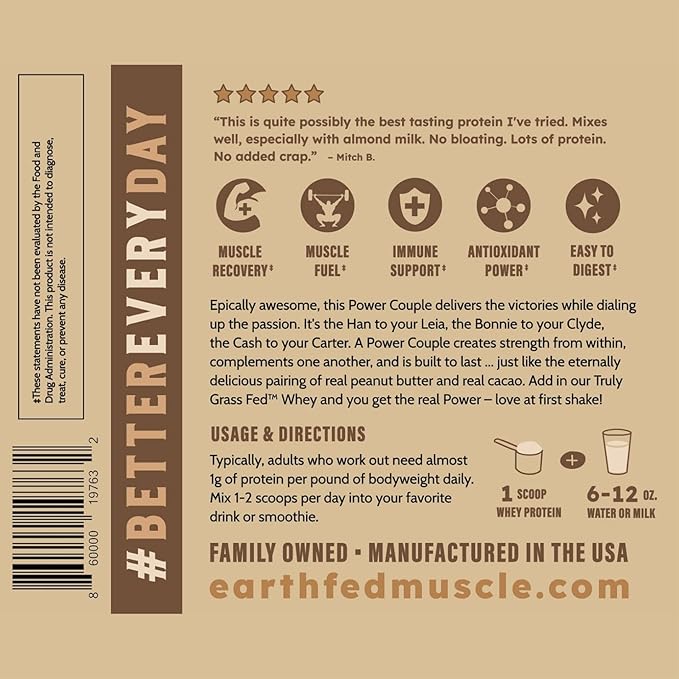 Earth Fed Muscle Power Couple Peanut Butter Chocolate Truly Grass Fed Whey Protein Isolate - NSF-Certified. No Artificial Ingredients, Soy Free, Gluten Free, Non-GMO & Hormone Free 26 Servings