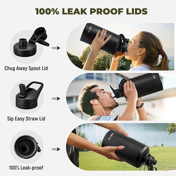 COKTIK 128 oz Insulated Water Bottle, Triple Wall Stainless Steel Flask, Keeps Drinks Cold for 48 Hrs Leak-Proof & BPA-Free Half Gallon Jug with Paracord Handle, Straw & Spout Lids(Black)