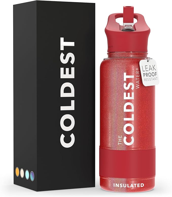 Coldest Insulated Water Bottle with Straw Lid - Stainless Steel Metal Insulated Bottle for Men & Women (Mars Red Glitter, 32 oz)