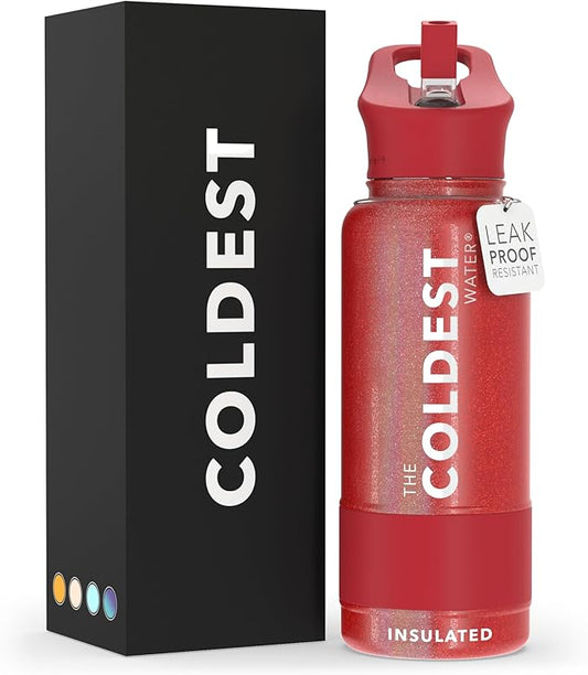 Coldest Insulated Water Bottle with Straw Lid - Stainless Steel Metal Insulated Bottle for Men & Women (Mars Red Glitter, 32 oz)