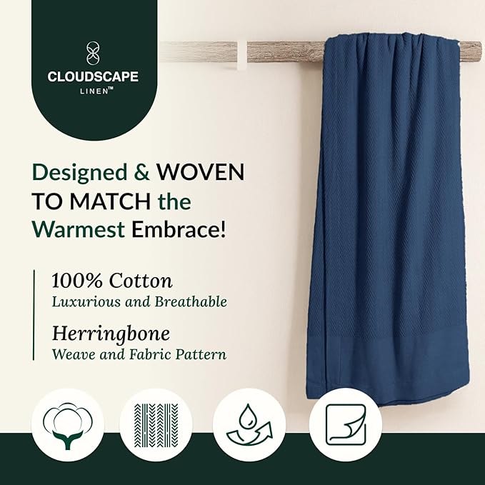 Cloud Scape Linen Herringbone Cotton Throw Blanket for Couch, Bed,Sofa, Home Decor, Soft, Lightweight, All-Season Bed Blanket, 50 x 70,Ensign Blue