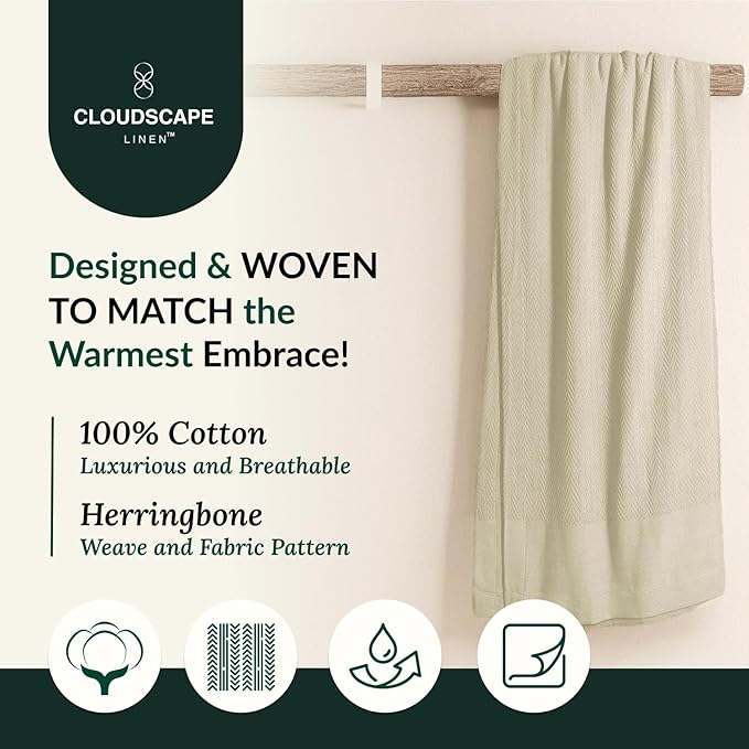 Cloud Scape Linen Herringbone Cotton Throw Blanket for Couch, Bed,Sofa, Home Decor, Soft, Lightweight, All-Season Bed Blanket, 50 x 70,Beige Fog