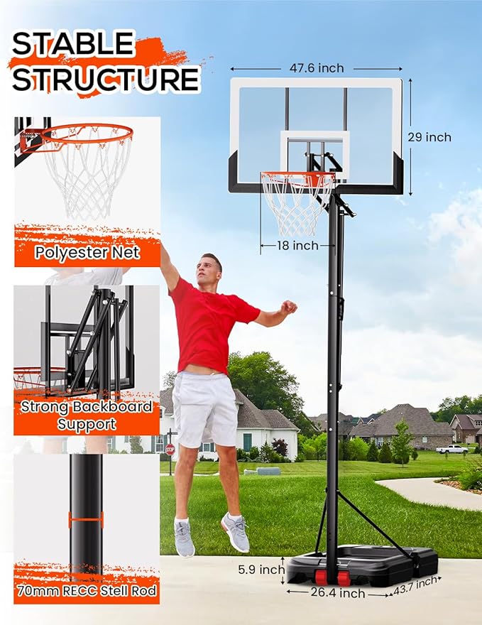 Basketball Hoop Outdoor with 45 Inch Shatterproof Backboard, Portable Basketball Goal System 4.8-10ft Height Adjustable for Kids, Youth, Adults, Backyard/Driveway/Indoor