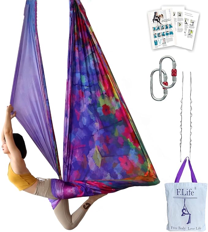 F.Life Aerial Yoga Hammock kit- Yoga Swing Multicolor 5 yards-Flying Yoga Include Daisy Chain,Carabiner and Pose Guide