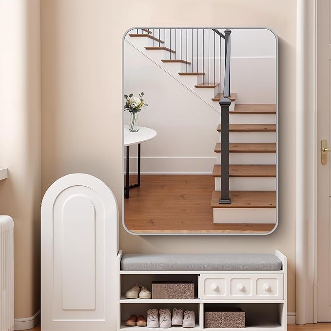 FORBATH 36x48 Inch Silver Bathroom Mirror for Over Sink, Large Rectangular Wall Mirror with Metal Frame, Rounded Corners for Bathroom, Bedroom, Entryway Decor (Horizontal or Vertical)