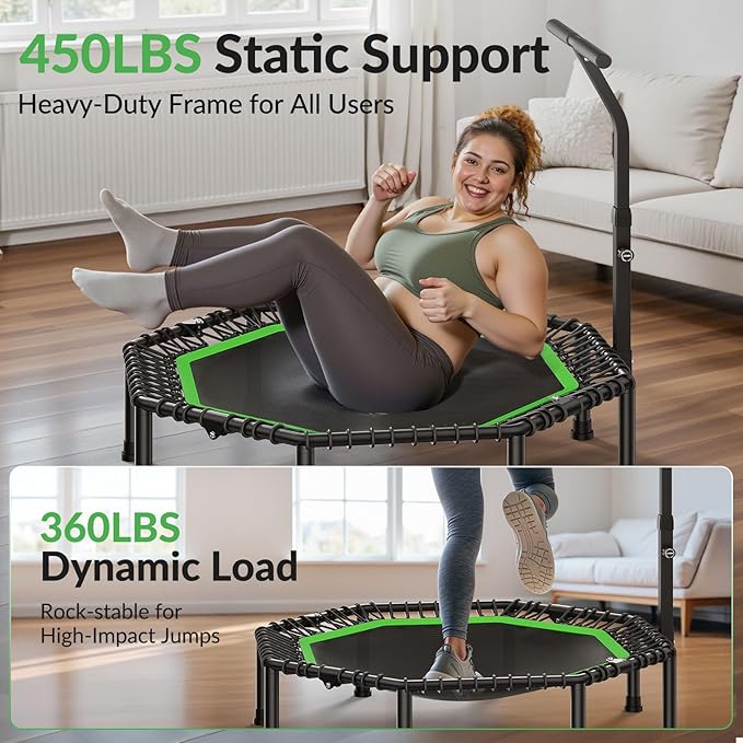 BCAN 51" Octagonal Mini Trampoline, Max Load 450 LBS Fitness Trampoline with T-Adjustable Handle Bar, Silent Bungees, Larger, More Stable, Quieter Exercise Rebounder for Adults Indoor/Garden Workout