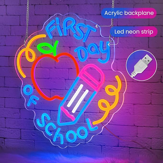 First Day of School Neon Sign for Classroom,Classroom Neon Sign,Colorful LED Back to School Wall Decor,Apple and Pencil Neon Light Sign for Classroom,Preschool,Photo Backdrop,Kids Room