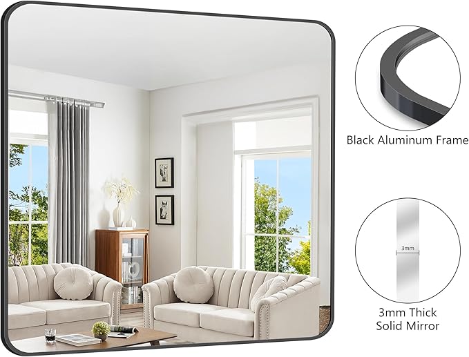 FORBATH Bathroom Mirror 42x42 Inch, Large Square Vanity Mirror with Black Aluminum Frame Rounded Corner, Wall Mounted Mirror for Bathroom Bedroom Entryway Living Room Home Decoration