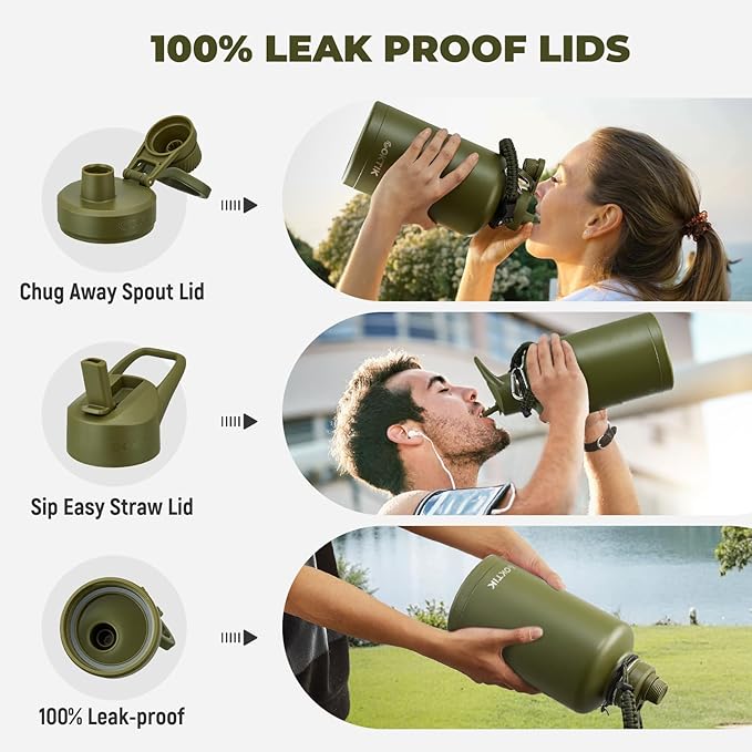 COKTIK 84oz Water Bottle with Straw - Triple Insulated Flask, 48hr Cold Retention Large Water Bottle, Leakproof Water Jug for Gym, Hiking, Camping, Outdoor Sports (2 pack, Army Green)