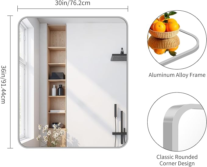 FORBATH 30x36 Inch Silver Bathroom Mirror for Over Sink, Large Rectangular Wall Mirror with Metal Frame, Rounded Corners for Bathroom, Bedroom, Entryway Decor (Horizontal or Vertical)