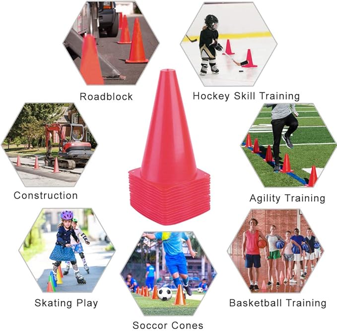 9 Inch Plastic Training Traffic Cones, Sport Cones, Agility Field Marker Cones for Soccer Basketball Football Drills Training, Outdoor Activity or Events - (Set of 10, 12, 15 or 24, 4 Colors)