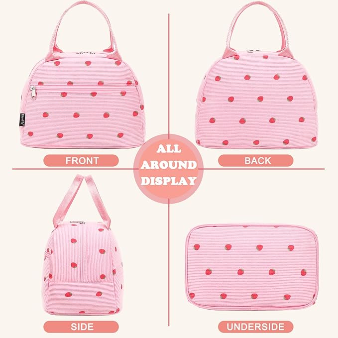FlowFly Insulated Lunch Bag for Women – Corduroy Lunch Tote Box, Cute Cooler Bag for Work, Travel, Picnic,Corduroy Strawberries RoseRed