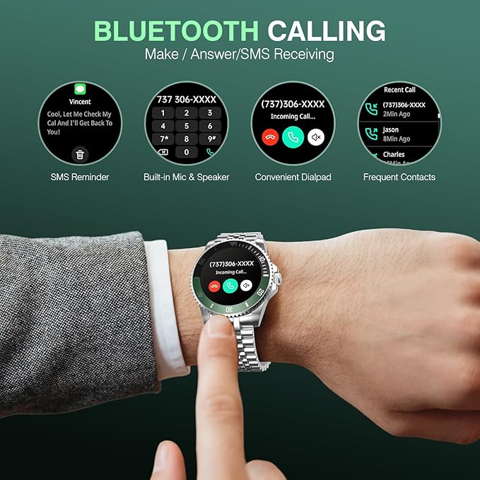 AI Smart Watch, DA GPT AI Waterproof Smartwatch, 1.19-inch AMOLED Display, 24/7 Heart Rate, Blood Oxygen, Blood Pressure, Sleep Monitor, 107 Sports Modes, Compatible Android and iOS Silver Green