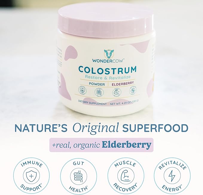Colostrum Supplement Powder for Gut Health, Immune Support, Muscle Recovery & Wellness | Natural IgG Pure Whole Bovine Colostrum Superfood, Elderberry, 60 Servings